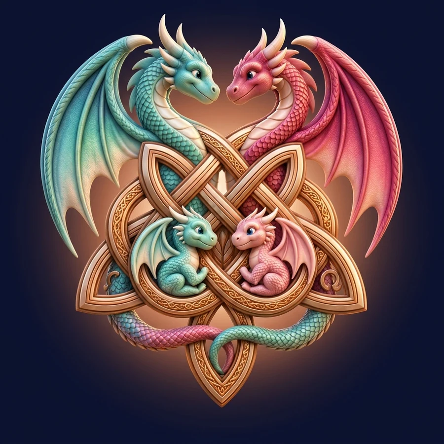 The Raayu family of dragons resting on a copper knot