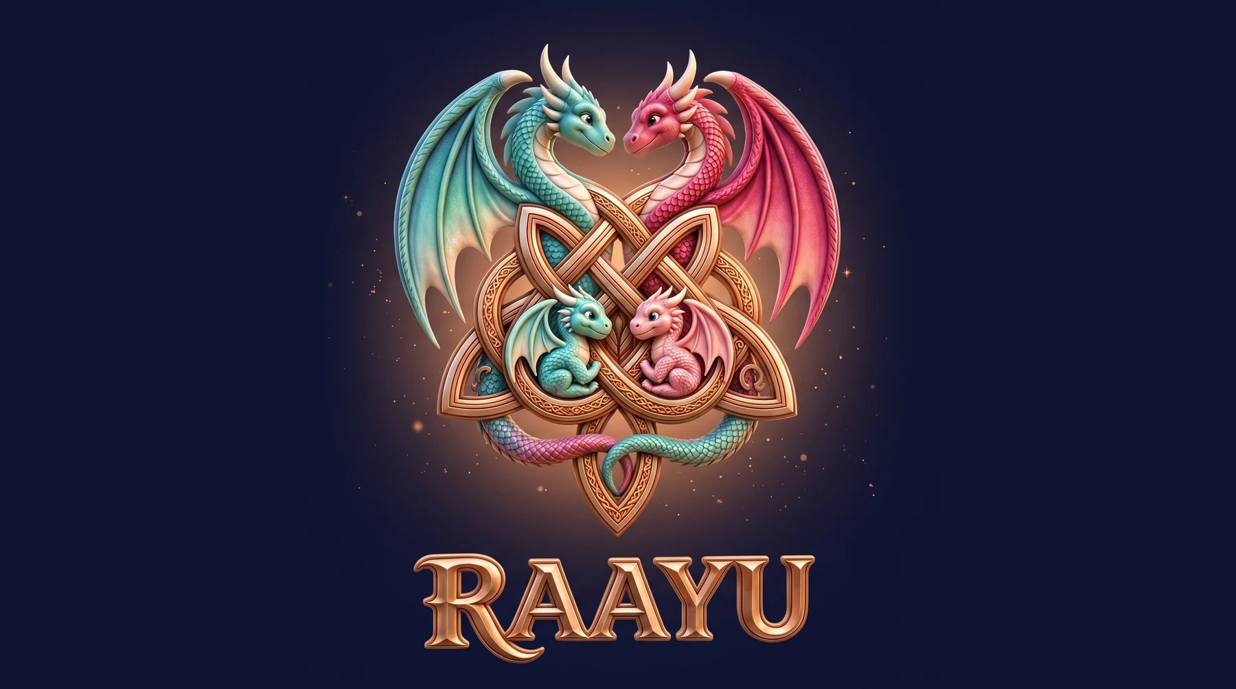 Raayu Studios: two dragons and their young resting on a copper knot
